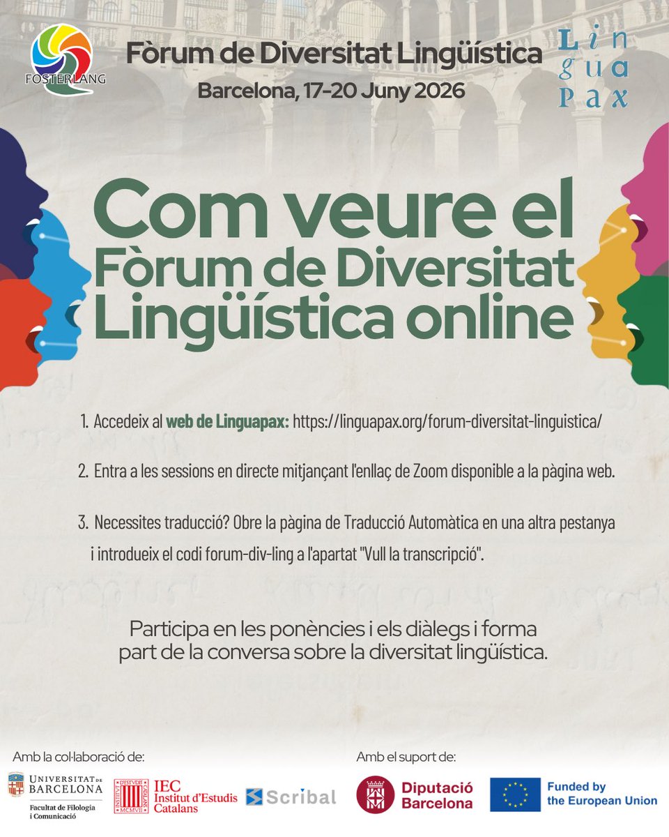 FOSTERLANG_EUR's tweet photo. 🌍 Want to follow the Language Diversity Forum online?

It's easy! 💻

1️⃣ Visit the Linguapax website:
https://t.co/fOrBJXwfTi

2️⃣ Join the live sessions through the Zoom link available on the event page.

3️⃣ Need translation? 🌐 Open the Automatic Translation page in a separate tab and enter the code forum-div-ling in the "📝 I want the transcript" section.

Join presentations, dialogues and inspiring conversations on linguistic diversity from anywhere in the world. ✨

🌍 Vols seguir el Fòrum de Diversitat Lingüística online?

És molt fàcil! 💻

1️⃣ Accedeix al web de Linguapax:
https://t.co/fOrBJXwfTi

2️⃣ Entra a les sessions en directe mitjançant l'enllaç de Zoom disponible a la pàgina de l'esdeveniment.

3️⃣ Necessites traducció? 🌐 Obre la pàgina de Traducció Automàtica en una altra pestanya i introdueix el codi forum-div-ling a l'apartat "📝 Vull la transcripció".

Participa en ponències, diàlegs i converses inspiradores sobre la diversitat lingüística des de qualsevol lloc del món. ✨

@InfoLinguapax 

#LanguageDiversity #LanguageDiversityForum #DiversitatLingüística #Linguapax #Multilingualism