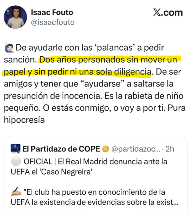 elmozo7's tweet photo. El portaCoz supremo de @Tebasjavier es uno de los mayores mentirosos que existen. 
Por no extenderme mucho, @isaacfouto , una de las diligencias solicitadas por el @realmadrid fue incluir en el Sumario el audio de lo dicho por @tonifreixa en @partidazocope el 1 de octubre de 2024 https://t.co/f70A2ncisX