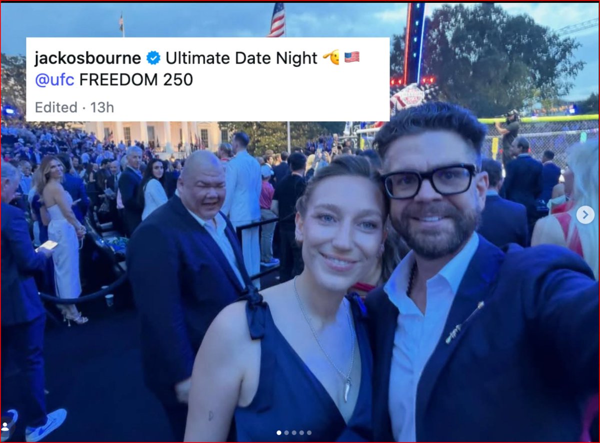 XtexasgirlX's tweet photo. JACK OSBOURNE OWNS THE WHITE HOUSE:

 “Ultimate Date Night” at UFC Freedom 250 Sparks Patriotic Firestorm  🇺🇸

Jack Osbourne showed up at the White House for UFC Freedom 250 with his wife. He called it the ultimate date night. He stood on American soil celebrating the nation's 250th anniversary and a historic first. Professional fighting on the South Lawn. Pure freedom and strength on display. 

That is what real patriotism looks like. Honoring your country without apology. 

Some metal fans are melting down. Quoting War Pigs like it cancels out enjoying a live event under the American flag. They want Ozzy's son to stay frozen in 1970s rebellion forever. Newsflash. America moved forward. Real rock spirit was always about raw energy and defiance, not permanent protest mode. Ozzy himself chased massive success and lived loud. Jack is doing the same without shame. 

The backlash crowd sounds more like bitter gatekeepers than fans. Hating a guy for loving his country while they lecture everyone else about tolerance. It is anti-American at its core. You do not get to own Ozzy's legacy and then demand his family reject the greatest nation that let their music thrive worldwide. 

Jack made the right call. Simple as that. 

What does real rock 'n' roll look like in 2026? Supporting American excellence or crying over a date night at the White House?