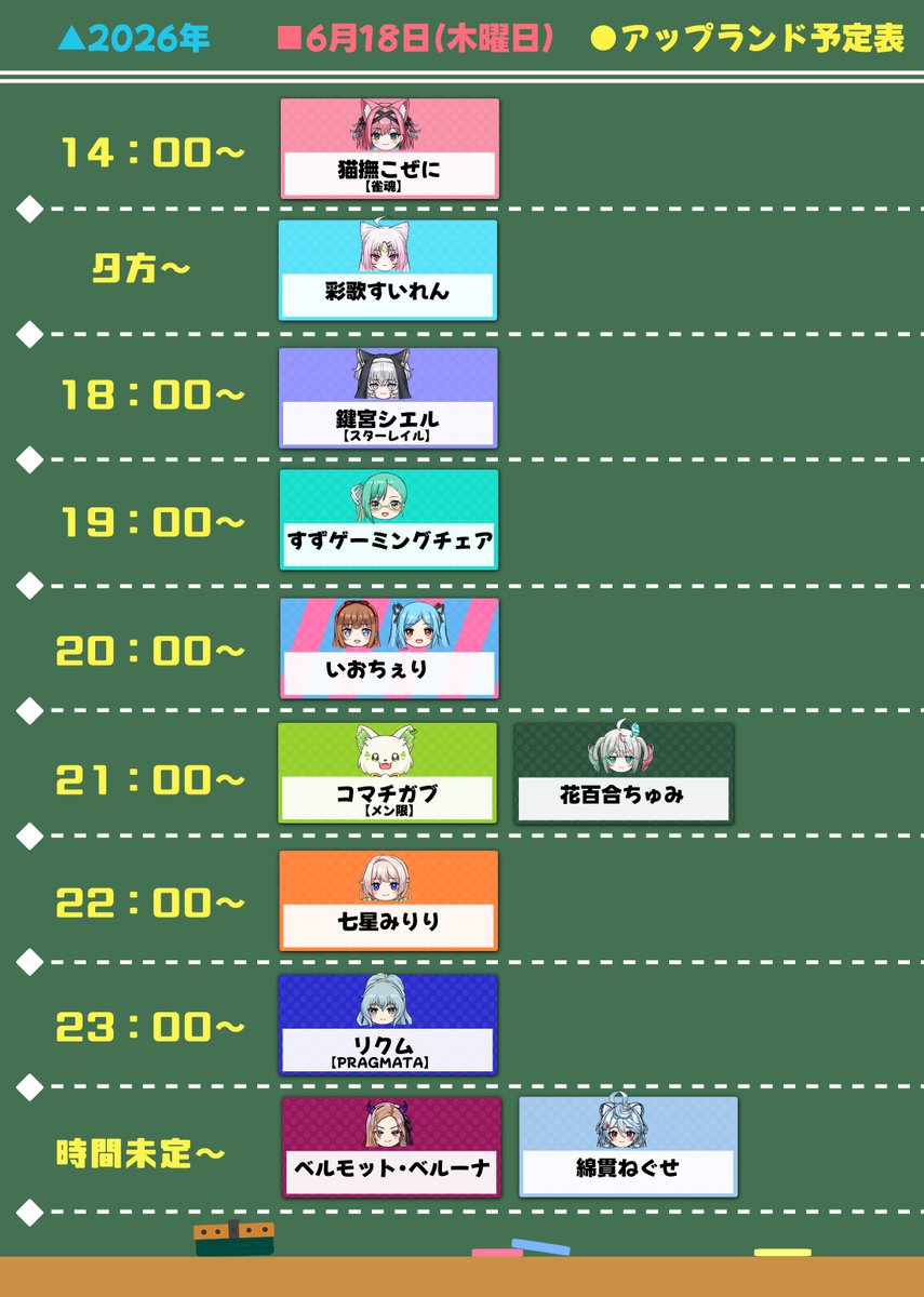 dorayoteihyou's tweet photo. 6/18(木)#アップランド予定表

14:00~:こぜにらいぶ👛
夕方~:すいライブ🪷
18:00~:かぎみゃらいぶ🔔🐈‍⬛
19:00~:すずゲーミングチェア🍋
20:00~:いおちぇり🍒🍄
21:00~:がぶるーむ(メン限)🍔
21:00~:ちゅみちゅーぶ💐
22:00~:ななみりライブ💥💫
23:00~:夢境放送🌃🎩
時間未定:ベルりーむ🍇
時間未定:ねぐせらいぶ🍵