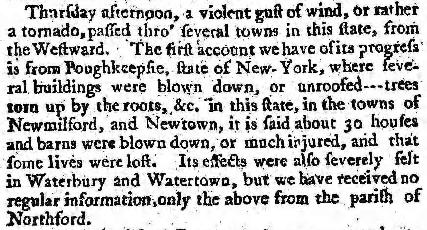 weather_history's tweet photo. June 19, 1794:

A tornado touched down west of the Hudson River in New York. The tornado traveled through Poughkeepsie then crossed the border into Connecticut, where it went through New Milford, Waterbury, North Haven, and Branford. Many structures were damaged.

#wxhistory https://t.co/Z2ESmLZy6m