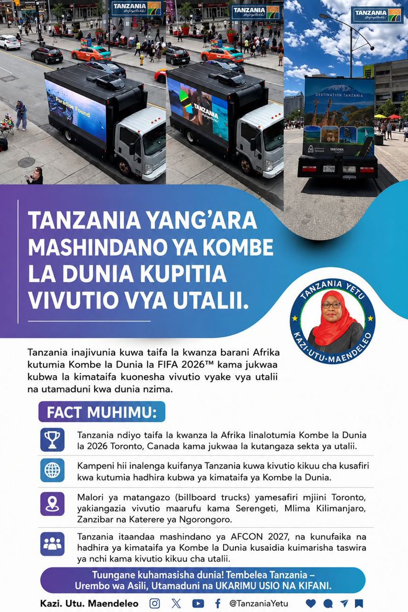 Grace_Mlowe's tweet photo. TANZANIA YANGA’RA MASHINDANO YA KOMBE LA DUNIA KUPITIA VIVUTIO VYA UTALII.

Tanzania inajivunia kuwa Taifa la kwanza Barani Afrika kutumia Kombe la dunia la FIFA 2026 Kama jukwaa kubwa la kimataifa kuonesha vivutio vyake https://t.co/fDfZ0kS1MC