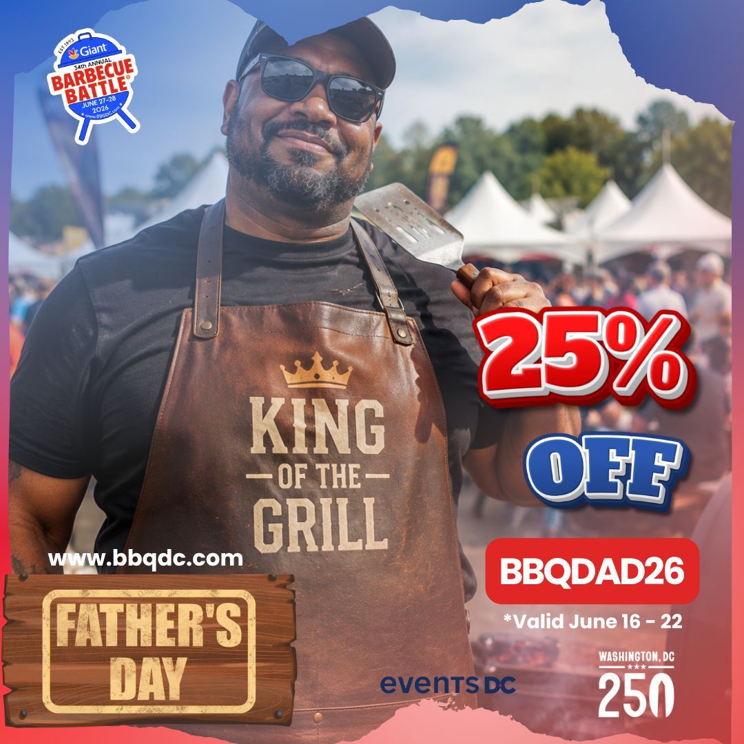 BBQinDC's tweet photo. 👑🍖 #FATHERSDAY DEAL! 🍖👑
Give the King of the Grill what he really wants: 🔥 BBQ, 🎶 live music, 🍗 100+ food samples &amp; 👨‍👩‍👧‍👦 family fun at the 34th Giant BBQ Battle!

🎟️ Save 25% with code BBQDAD26
📅 June 27–28

Because socks are temporary. BBQ memories last forever.

#BBQinDC https://t.co/WvHgHwhyb0