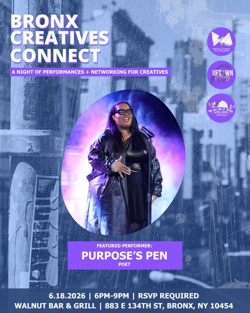 BronxArtsOrg's tweet photo. Join us for BX Creatives Connect on 6/18 at Walnut Bar &amp; Grill—an evening of FREE live performances powered by BCA &amp; Uptown Melody.

Featuring:
🎧 Kaykay47
🎤 Dilson Hernandez
💃🏽 Janice Tomlinson
✍🏿 Purpose's Pen

📍 Walnut Bar &amp; Grill
🕕 6–9 PM
✨ RSVP https://t.co/se6houGFeO https://t.co/3wXNDOe3fC