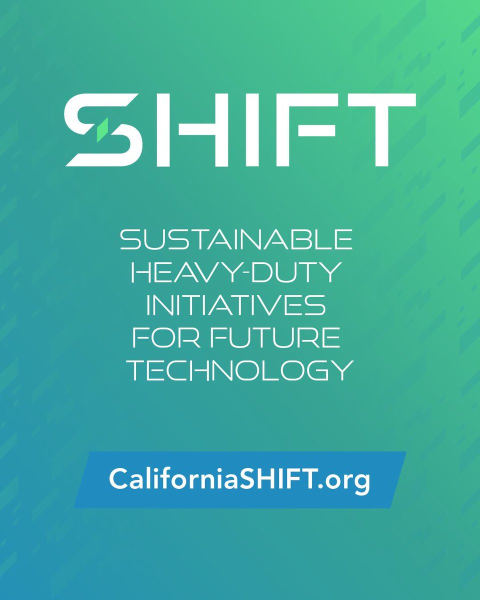 Graphic featuring the SHIFT logo and acronym for Sustainable Heavy-Duty Initiatives for Future Technology. The logo appears in white on a blue-to-green gradient background with geometric design elements. Below the logo, the full program name is displayed, followed by the website address “CaliforniaSHIFT.org.” The graphic promotes California’s SHIFT initiative and its online information hub for sustainable heavy-duty transportation projects and technologies.