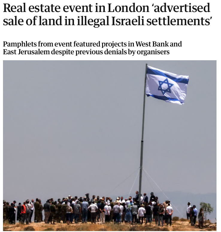 Jonathan_K_Cook's tweet photo. There's a reason the organisers of a London event selling homes in illegal Jewish settlements, built on stolen Palestinian land, defied UK law. Because: 

1. They had concealed the criminal event in a synagogue, expecting to be able to discredit critics as liars and antisemites.

2. They knew the Starmer government would do nothing to punish them if the reality came to light.

They nearly managed to pull off the first trick.

They're being proved 100% right in their second assumption.
