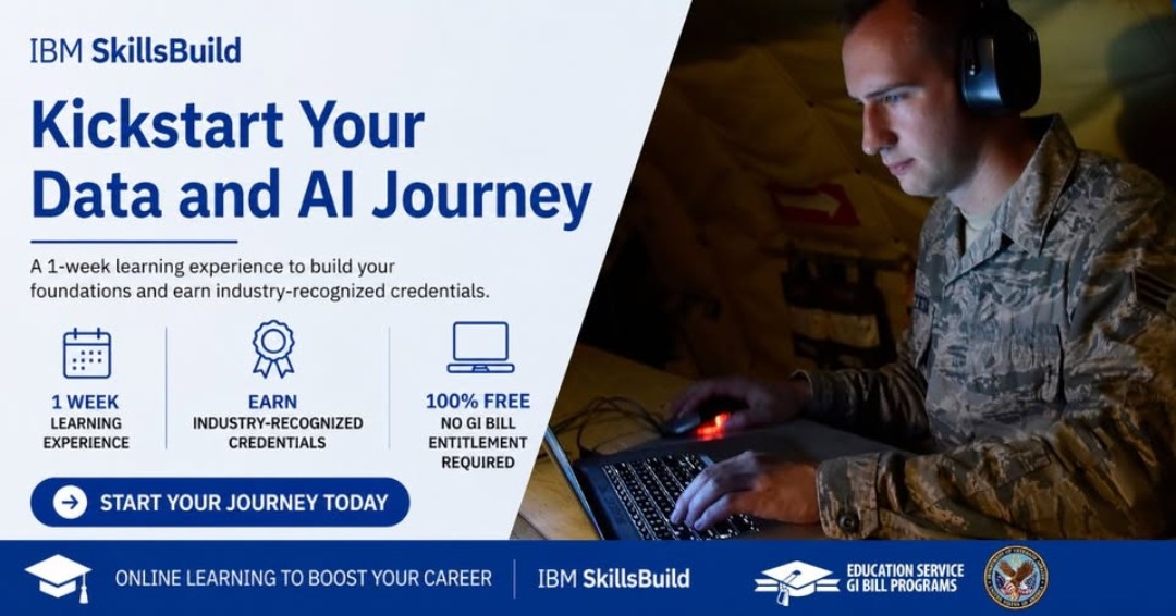 VAMaine1's tweet photo. Don’t wait—jump in a 1 week AI and Data learning course with IBM SkillsBuild! Check out the comments to get started today. https://t.co/Vro6WQBMet