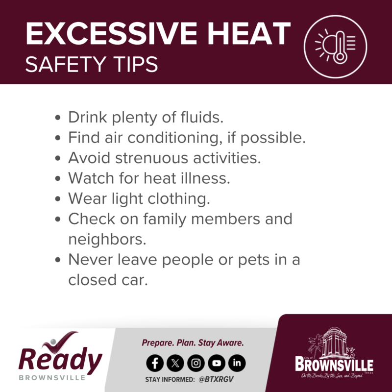 BTxRGV's tweet photo. Stay safe in the heat! A Heat Advisory is in effect today, with heat index values expected to reach up to 113 degrees.

Read more: https://t.co/uLwoT5nI00

#BrownsvilleTX #ReadyBrownsville #ExcessiveHeat #WeatherAlert #HeatSafety https://t.co/AhylK8wkD7