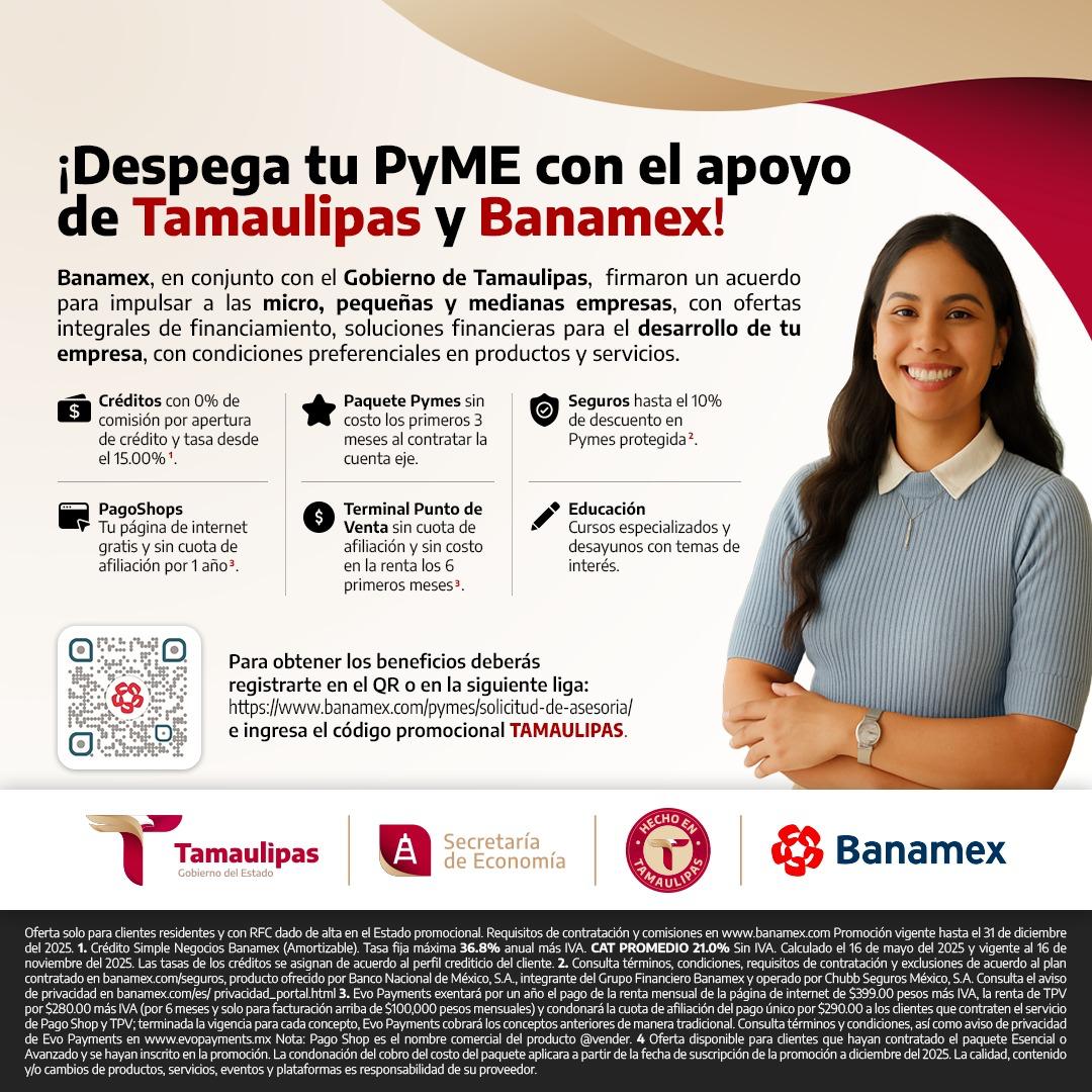 HET_SE's tweet photo. 🚀 ¡Impulsa tu PyME con el apoyo de Tamaulipas y Banamex!

Si tienes una micro, pequeña o mediana empresa, esta es tu oportunidad de crecer con financiamiento y soluciones hechas para ti. 🙌

Solo regístrate aquí 👉 https://t.co/WDSJ57YRaF
y usa el código promocional TAMAULIPAS. https://t.co/s3fCfuHPBs