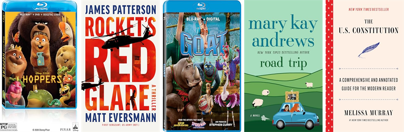 SharonLibraryMA's tweet photo. This week the Sharon Public Library has 111 new books and four new movies.  New items include Hoppers, Rocket's Red Glare, Goat, Road Trip, Take Me to Your Leader, The U.S. Constitution, Drownproof, When We See You Again, and The Summer Girlfriend. https://t.co/51NKvOmc6l https://t.co/YFJZzmABpf