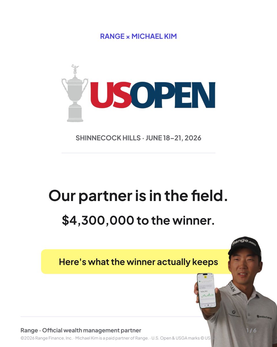 range_finance's tweet photo. The U.S. Open winner takes home $4,300,000 this week at Shinnecock Hills. But the headline number is never the take-home number.

Our partner @Mike_kim714 — one of the most refreshingly honest voices in pro golf — has openly shared the real math behind a Tour pro's earnings. We turned his numbers into a clear breakdown:

- ~10% of the winner's check goes to the caddie
- Federal + state income tax takes ~32%
- A top-50 pro effectively runs a small business — caddie, coaching, travel, physio can top $1M/year
- On a $5M season, take-home lands around $2.4M

And because pros pay income tax in every state they play, where you win matters: the same check can carry a ~$478K swing between a California and a Florida event.

A good reminder for any high earner — athlete or not: what you keep matters more than what you make.

Good luck at Shinnecock, Michael. 👏

—
Michael Kim is a paid partner of Range. Shared for educational purposes; not tax or investment advice.

#USOpen #WealthManagement #Golf