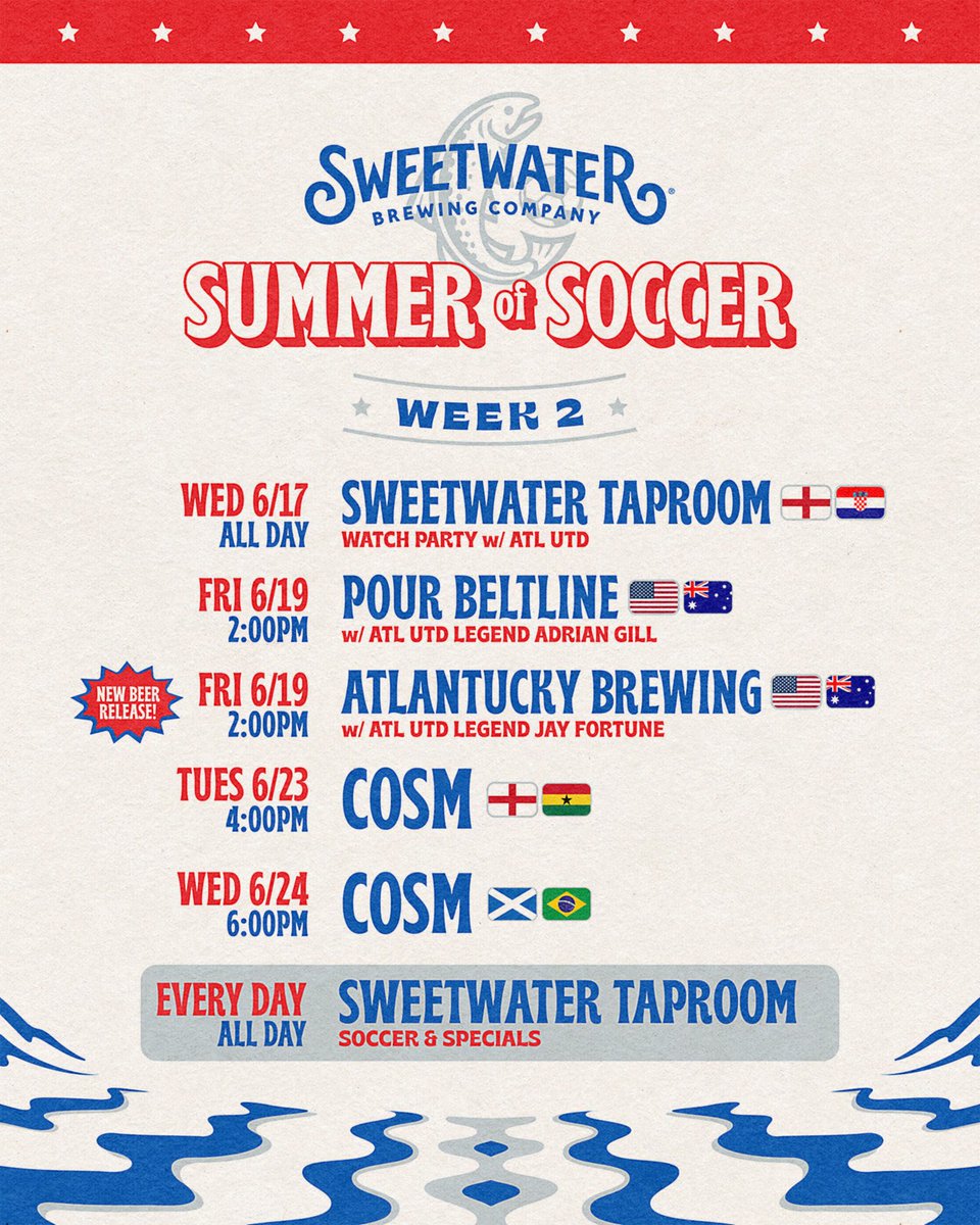 sweetwaterbrew's tweet photo. We’re already one week into some world–class soccer, with plenty more to come! If you’re looking for cool spots with cold brews to watch upcoming matches, come join us for the party!

•⚽ 🍻 @sweetwatertaproom: daily specials and matches on all our screens all day, every day starting tomorrow
•🏴󠁧󠁢󠁥󠁮󠁧󠁿 🇭🇷 TODAY, @sweetwatertaproom and @atlutd are hosting a soccer celebration watch party for England vs Croatia!
•🇺🇸 🇦🇺 Friday: throwing down at @pourbeltline with @atlutd legend Adrian Gill PLUS drink specials for all members of @ao_atlanta at @fadoirishpub Midtown
•🇺🇸 🇦🇺 We’ll also be at @atlantuckybrewing with @atlutd legend Jay Fortune – plus our new collab beer release with our buds at Atlantucky! 
• 🏴󠁧󠁢󠁥󠁮󠁧󠁿 🇬🇭 🏴󠁧󠁢󠁳󠁣󠁴󠁿 🇧🇷 Tuesday and Wednesday: back-to-back parties at @cosmatlanta in @centennialyards