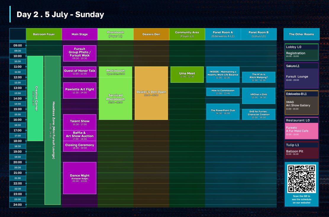 iwag_furs's tweet photo. Sync your clock to the Megalopolis. The IWAG 2026 programming schedule is now live. This year, we've commandeered every room in the venue. 

More channels open. More of the city to run through.

Countdown's already running. Your Electric Dreams won't wait. https://t.co/POY4MCsU7F