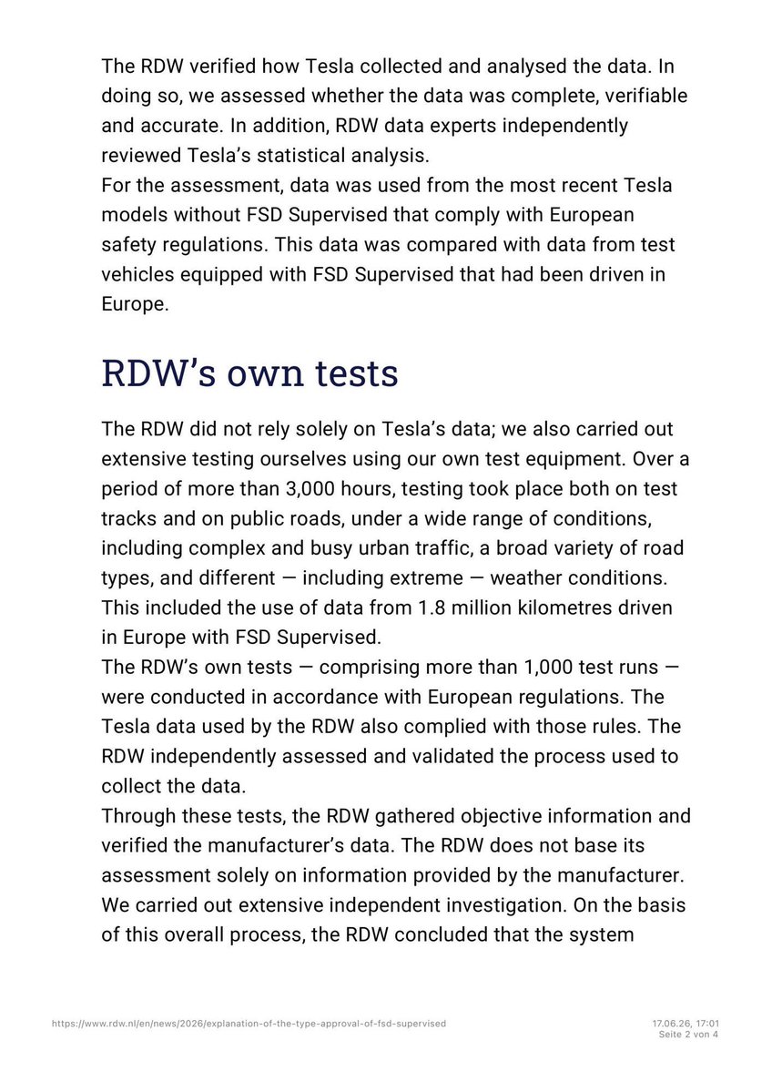 iamtobi's tweet photo. 🇳🇱⚡ The Netherlands just dropped the full breakdown on Tesla FSD Supervised approval after ETSC (European Transport Safety Council) raised concerns about the approval process!

RDW didn’t just rubber-stamp it, they went hard:

✅ 3,000+ hours of independent testing (test tracks + real roads, every weather & traffic condition)
✅ 1.8 million km of European FSD data analyzed
✅ 24 MILLION km driven by ~40,000 Teslas in NL since approval
✅ ZERO relevant incidents

Safety-first: More advanced than normal ADAS + constant driver monitoring = at least as safe as current systems. Vetted for 18+ months.

Europe is actually moving on supervised autonomy 🔥

Source: https://t.co/2FKeQ9I0C0

#Tesla #FSD