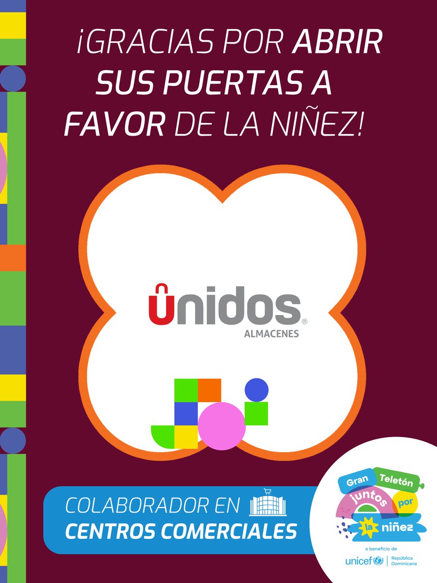 UNICEFRD's tweet photo. Gracias por ser grandes aliados de la niñez y ser parte de la 6ta edición del Gran Teletón #JuntosXLaNiñez2026🩵💙💛🩷💚 https://t.co/FB3nCSVAfz