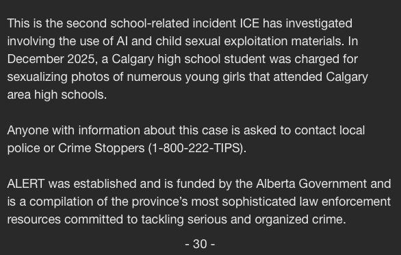 jonnywakefield's tweet photo. From the inbox: two Edmonton 14-year-olds are facing criminal charges for allegedly using AI software to generate sexualized images of their classmates. Second such case in Alberta. https://t.co/8v685C59vh
