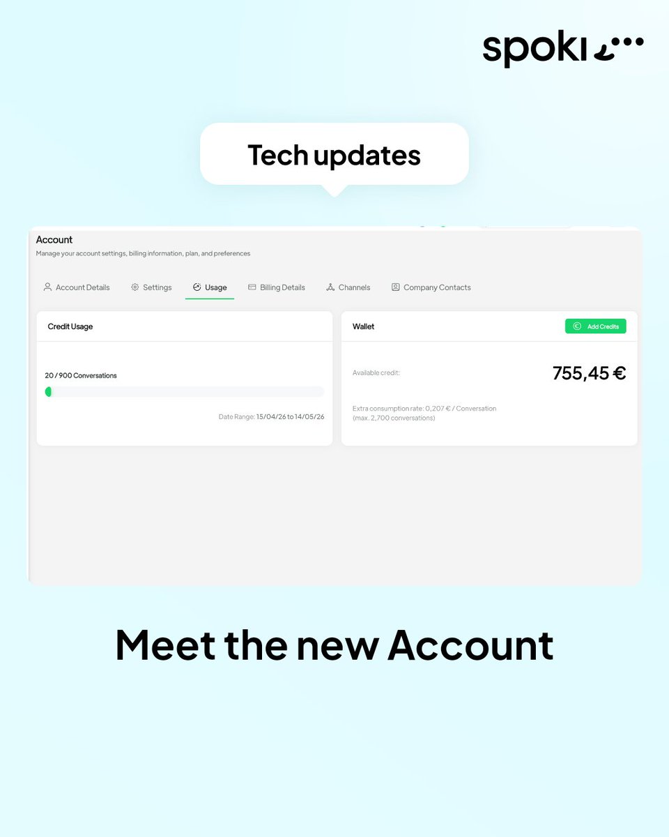 Spokiapp's tweet photo. Meet the new Account (v17.2.0): A cleaner Account, built around the things you actually do. Everything is now split into focused cards, Settings, Billing, Usage, Company Contacts, each with its own Save button and inline feedback. https://t.co/UwngF475r9