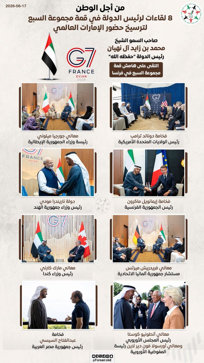 Forsan_UAE's tweet photo. من أجل الوطن 🇦🇪✨

8 لقاءات لرئيس الدولة في قمة مجموعة السبع لترسيخ حضور الإمارات العالمي🤝🏻 https://t.co/lnP7XG4e0F