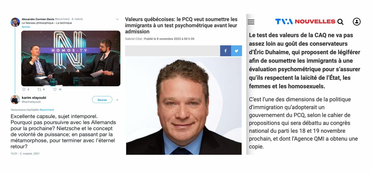 lobbymontreal's tweet photo. @E_Duhaime Sympathisant des théories du suprémaciste blanc Alexandre Cormier-Denis, Elayoubi pilotait le projet du PCQ d'établir un test psychométrique visant à évaluer « la compatibilité civilisationnelle » des immigrants au Québec. https://t.co/9HJ5wUX1Xt