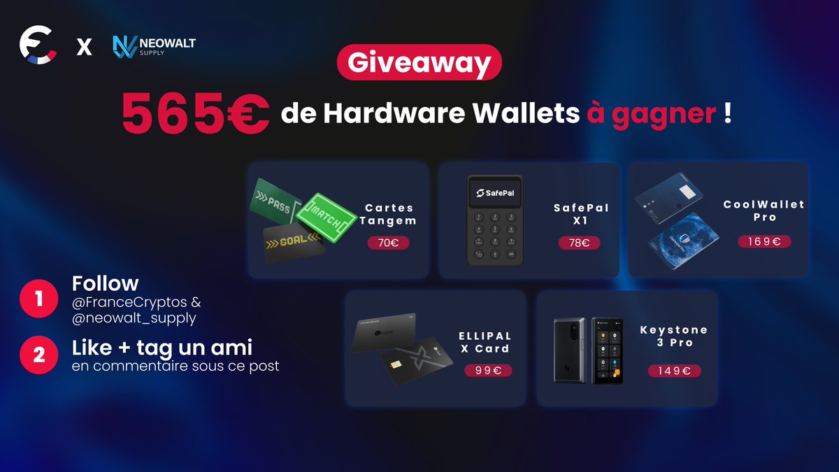 FranceCryptos's tweet photo. 🚨Plus de 565€ de Hardware wallets à gagner grâce à notre partenaire @Neowalt_supply !

Pour participer :
1️⃣ Follow @neowalt_supply et @FranceCryptos
2️⃣ Like ce post et identifie un ami en commentaire

📅 Tirage le 24 Juin   
Détail des récompenses (un gagnant par récompense): - 1 @coolwallet Pro : 169 € 
- 1 @KeystoneWallet 3 Pro : 149 € 
- 1 @ELLIPAL X Card : 99 €
- 1 @SafePal  X1 : 78 € 
- 1 @Tangem (3 cartes édition Coupe du Monde) : 60 €

✨ Bonus : double tes chances si tu participes aussi sur Insta

*Collaboration commerciale
