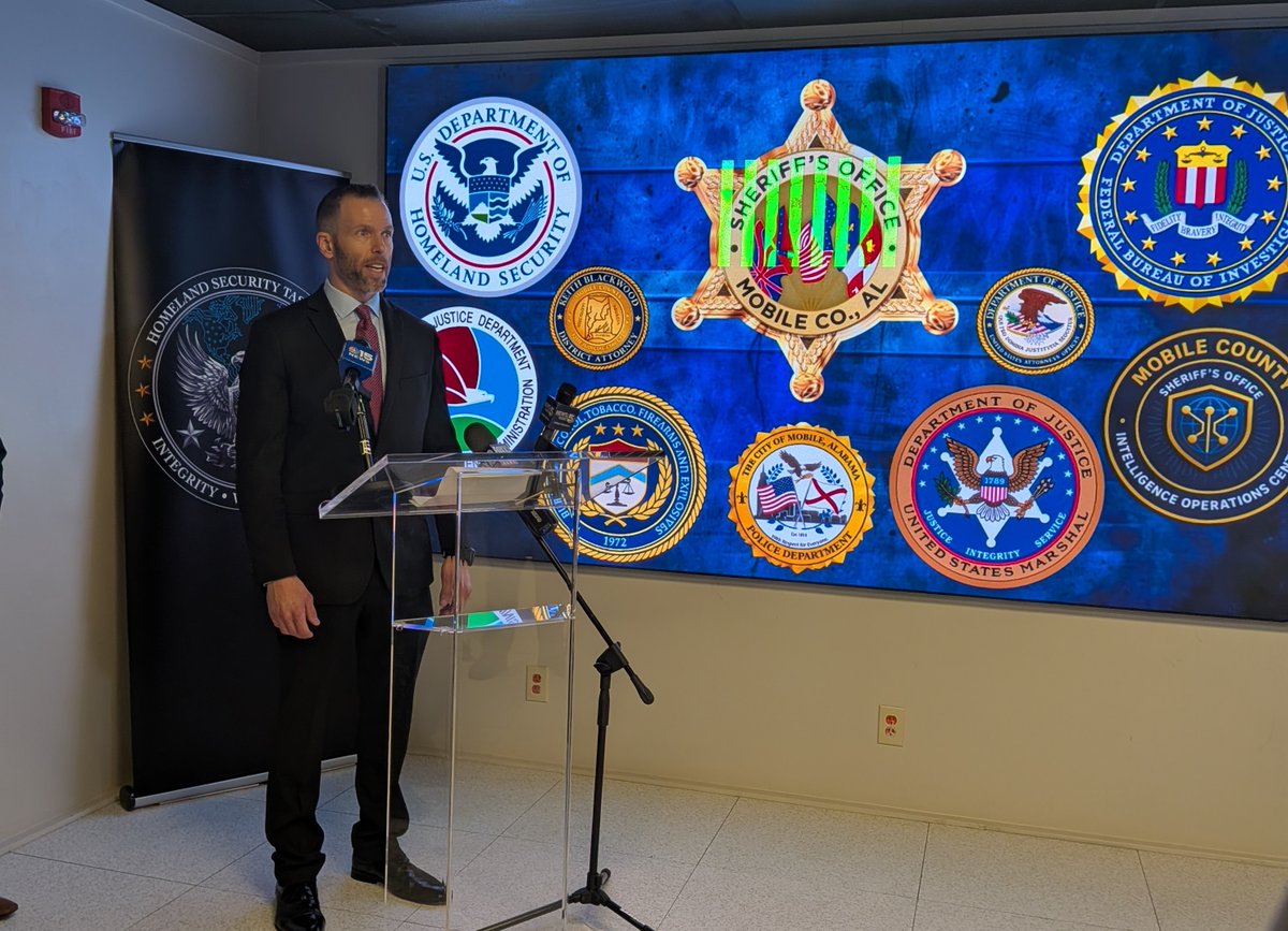 FBIMobileAL's tweet photo. Yesterday, Tuesday, June 16, 2026, SAC Flowers participated in a joint press conference announcing the arrest of Emanuel Dotch II, a police officer with the Prichard Police Department. Dotch is facing federal charges including: bribery, conspiracy to commit extortion and civil offenses.