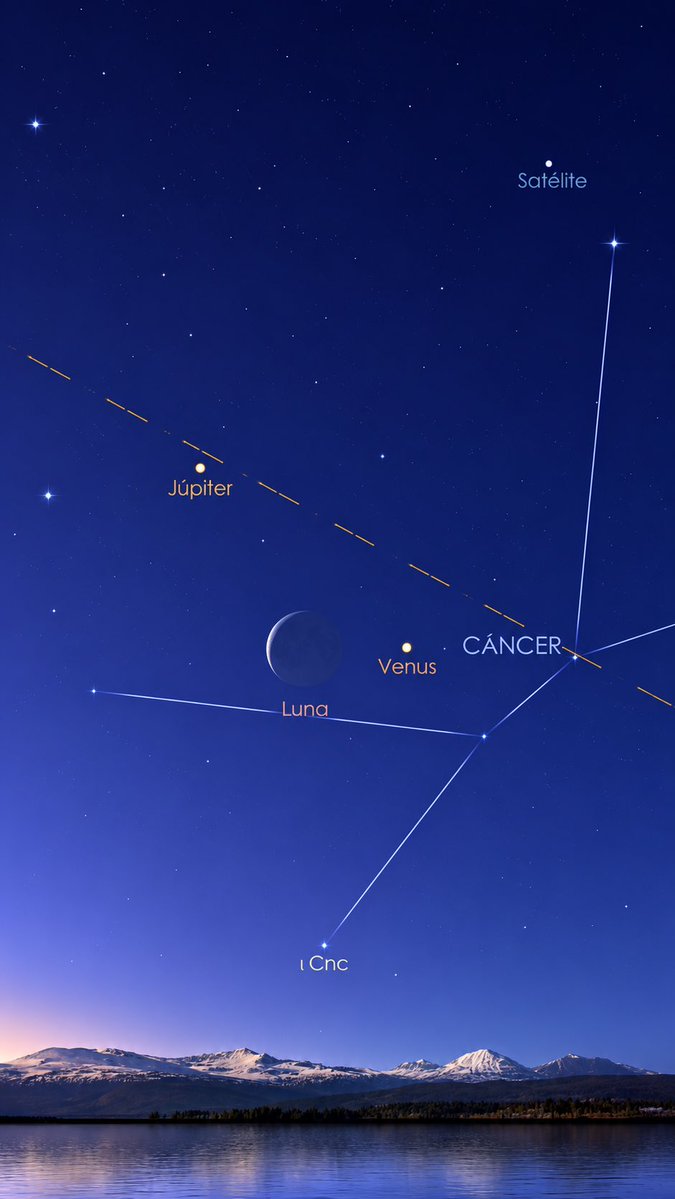 AstroArgumental's tweet photo. Hoy tendremos una hermosa conjunción en el cielo entre la Luna apenas crecida y Venus ✨🤲
Ya la Luna se aleja de Júpiter y se acerca al otro benéfico. 
A mirar arriba. 
Grado 5 de Leo https://t.co/GZgmGiB0Vd