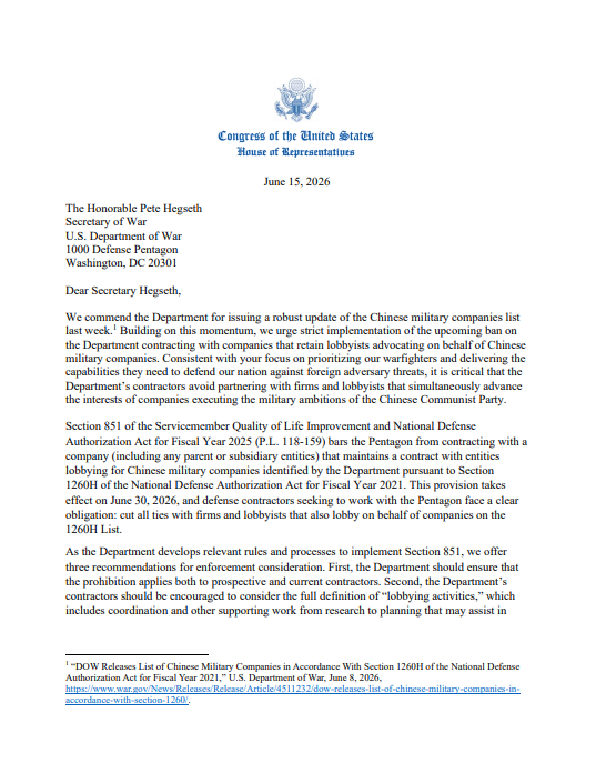ChinaSelect's tweet photo. This week, Chairman @RepMoolenaar and @RepStefanik sent a letter to @SecWar to tighten the screws on Chinese military companies, calling on @DeptofWar to strictly enforce a restriction against U.S. defense contractors working with firms that are lobbying for companies designated on the Pentagon's updated 1260H list.
  
Our defense industrial base exists to protect and advance America’s national security and interests. The message to lobbyists should be clear: if you choose to represent a Chinese military company, you have no place in our nation’s defense ecosystem.