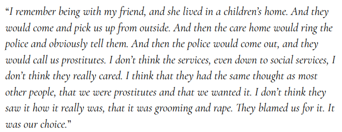 TheLaurenChen's tweet photo. One of the biggest failures from British police (of which there are many) is the seemingly common dismissal of grooming victims as child "prostitutes"

To be clear, there is no such thing as a "child prostitute"

What there are, instead, are child victims of sexual abuse and human trafficking

How is it not standard policy, when encountering a minor who has been sexualized, to immediately remove them from their environment and conduct an investigation?