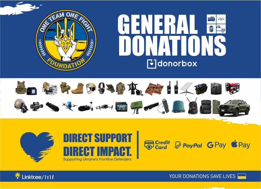1team1fight_org's tweet photo. 🚨 We are launching a new General Donations Donorbox for Ukraine defenders! 
💳: https://t.co/LHswReaUEL

The soldiers face extreme challenges on the front lines. This Donorbox will fund equipment that will saves lives and strengthen Ukraine’s defence.

Current requests are for:
🔹 Charging stations
🔹 Starlinks
🔹 Generators
🔹 Laptops and monitors
🔹 Tool kits and soldering stations
🔹 Drone parts and antennas
🔹 Drone detectors
🔹 and much more frontline equipment

Stand with Ukraine’s heroes. Help us deliver life-saving equipment and supplies. 🙏

Funds from the new General Donations Donorbox will be used to provide critical equipment such as drone detection systems, communications equipment, power solutions, Starlinks, drones, anti-drone protection, vehicle repairs, logistics support, and other mission-critical resources that directly support Ukrainian soldiers on the front lines.

Every donation helps us fulfill requests from soldiers involved in active operations.

ℹ️ Important Information
The amount displayed represents the total amount raised through this Donorbox since it was created, not the current balance available. Funds are allocated and used to deliver support to units as operational requirements arise. Reports on deliveries are posted on our social media.

*Donations to our Donorbox are 501(c)(3) tax-deductible 🇺🇸

#SaveLives #HelpTheFrontline #OneTeamOneFight @Dmitro7607 @DmytroKovalchu5