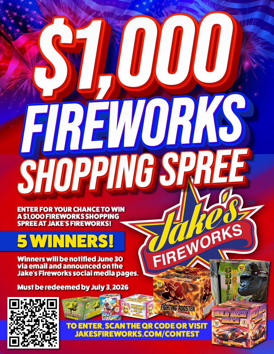 jakesfireworks's tweet photo. Celebrate with Jake's! 🥳  We're picking 5 lucky winners to celebrate America's 250th Birthday with the best fireworks around! Visit https://t.co/bWJfvnOLnu to enter now! https://t.co/ez9AeEN98G
