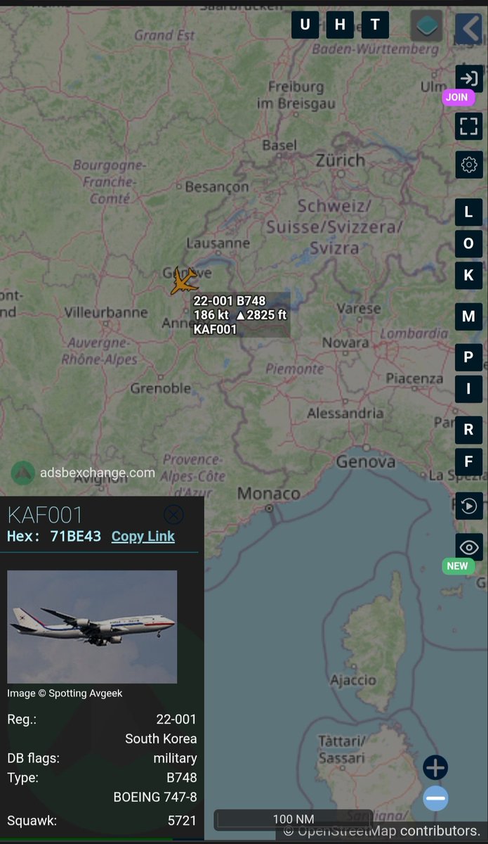 Borrowed7Time's tweet photo. Republic of Korea B748 22-001 #71BE43 as KAF001 departing Geneva. President Lee Jae Myung attended the G7 summit.
@sipjack1776 @LadyAstroJet https://t.co/m9Morx1MH4
