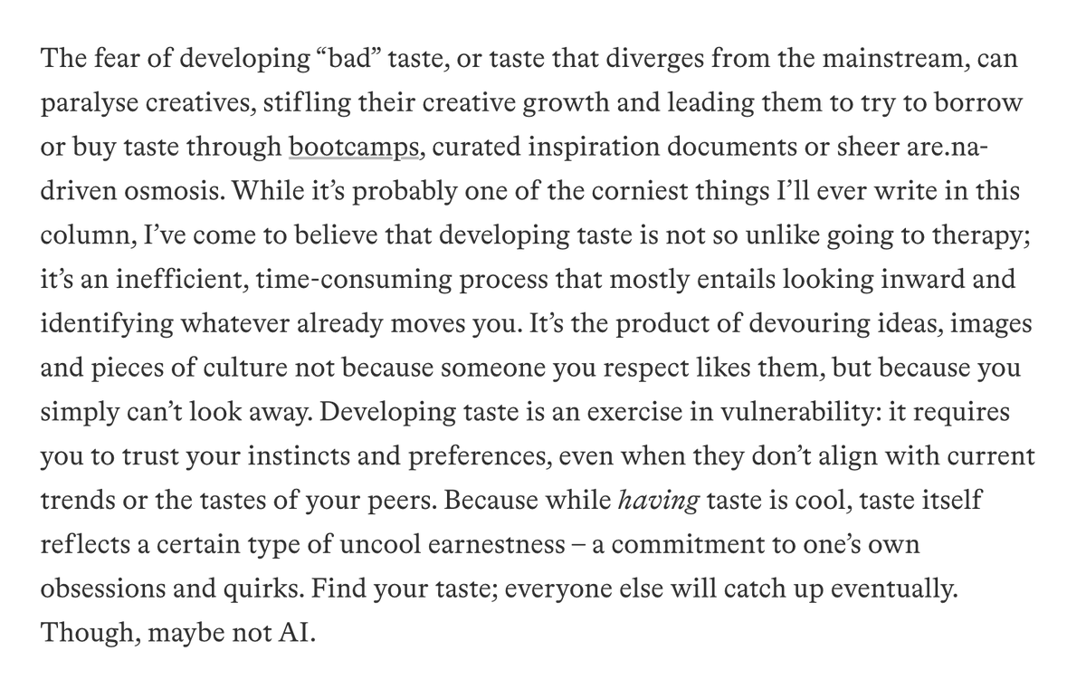 domesticetch's tweet photo. I can't believe we're still having this conversation. You can't learn or earn taste. In fact, doing something because you think it will help you become tasteful inherently nullifies its ability to develop taste. Literally just do, read, look at the things you like. That is taste! https://t.co/S3PxrErgfV