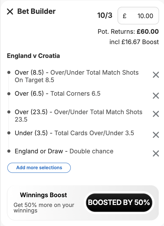 SmartAccaTips's tweet photo. 🏴󠁧󠁢󠁥󠁮󠁧󠁿 ENGLAND VS CROATIA 50% BOOST SPECIAL 🇭🇷

👉 Get £50 in FREE BETS when you bet £10: https://t.co/D5fodMjHSI

📊 Last 10 Combined Average: 12.2 SoT
📊Last 10 Combined Average: 37.2 Shots
📊Last 10 Combined Average: 15.4 Corners

✅ Make sure you OPT IN to get your boost token.

Ad 18+ GambleAware Always Gamble Responsibly Registration Required