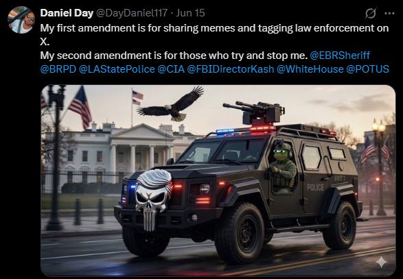 Jews's tweet photo. Hello @LAStatePolice - Daniel Eric Day (username: daydaniel117), who you have arrested previously for hate crimes, extortion, and harassment (held by Ascension Parish Sheriff's Office in 2024 and 2025), is back on X (after being suspended) and threatening Blacks and Jews (again). https://t.co/vFR7jKR2hR