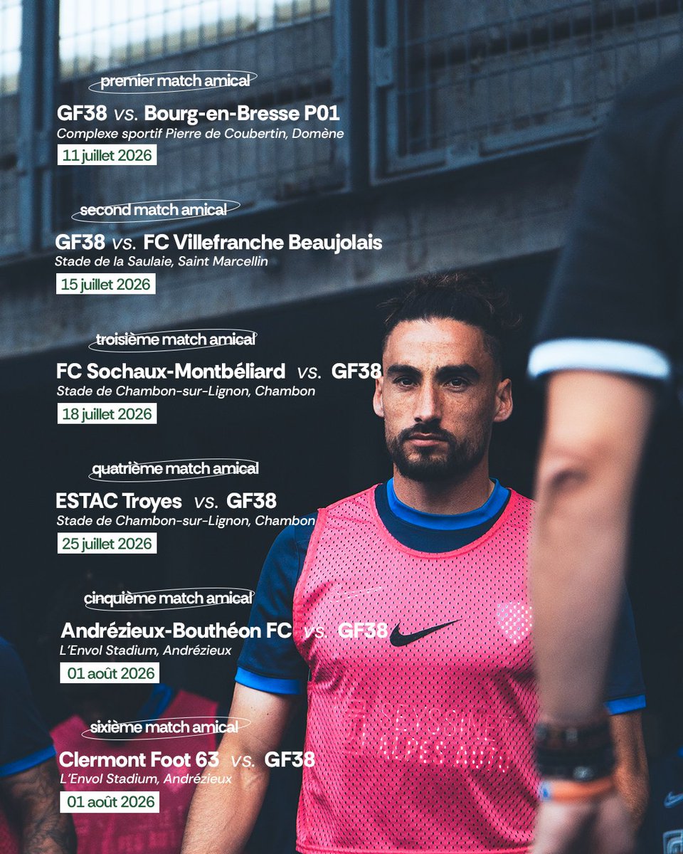 GF38_Officiel's tweet photo. 𝐋𝐞 𝐩𝐫𝐨𝐠𝐫𝐚𝐦𝐦𝐞 𝐝𝐞𝐬 𝐦𝐚𝐭𝐜𝐡𝐬 𝐚𝐦𝐢𝐜𝐚𝐮𝐱 𝐝𝐞 𝐩𝐫é-𝐬𝐚𝐢𝐬𝐨𝐧 !

Le GF38 sera opposé à Bourg-en-Bresse Péronnas 01 pour son premier match amical, organisé le 11 juillet 2026 à Domène (38).

#GF38 https://t.co/hI1ILT92Pv