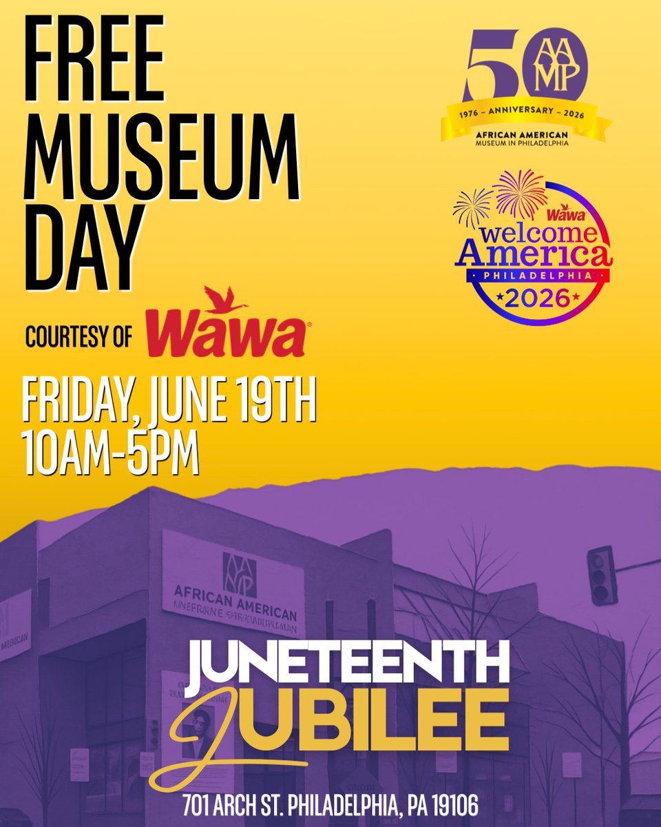 aampmuseum's tweet photo. Join us for a full lineup of Gallery Talks inside the museum on June 19 as part of our Juneteenth Block Party. Admission to the museum will be FREE thanks to @Wawa from 10 a.m. to 5 p.m. on a first-come, first-served basis. Don't miss out! https://t.co/QHAa76x9Y1 https://t.co/mzntCuNd24