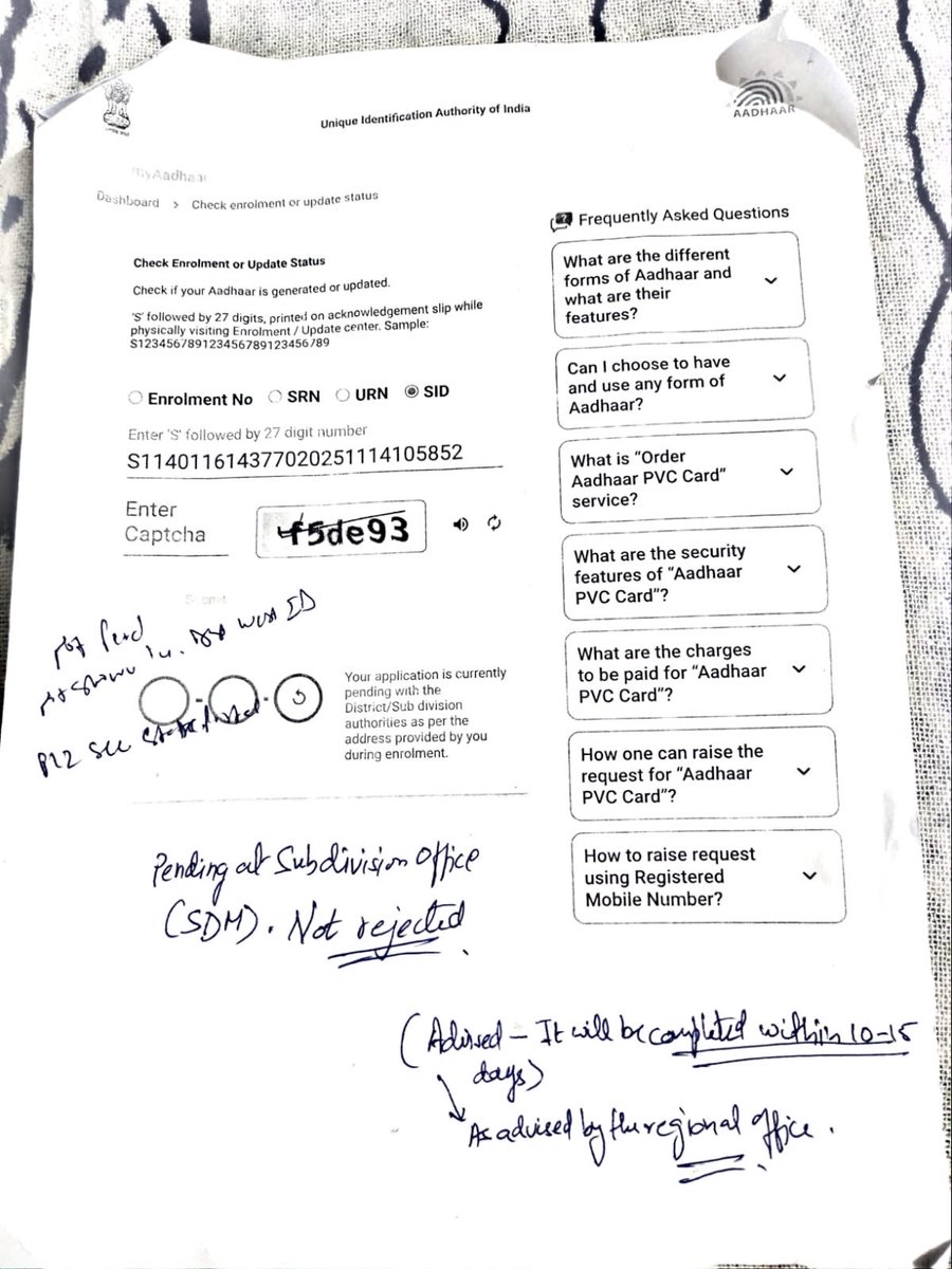sureshsingbjp's tweet photo. @UIDAI @ceo_uidai My Aadhaar enrolment SID: S114011614377020251114105852 is pending at SDM Janakpuri, Delhi since long. Status: "Pending at Subdivision office. Not rejected". Facing issues in bank KYC &amp; services. Request urgent approval. Name: Narendra Singh Bhati #AadhaarHelp https://t.co/wbZHyUt0Wt
