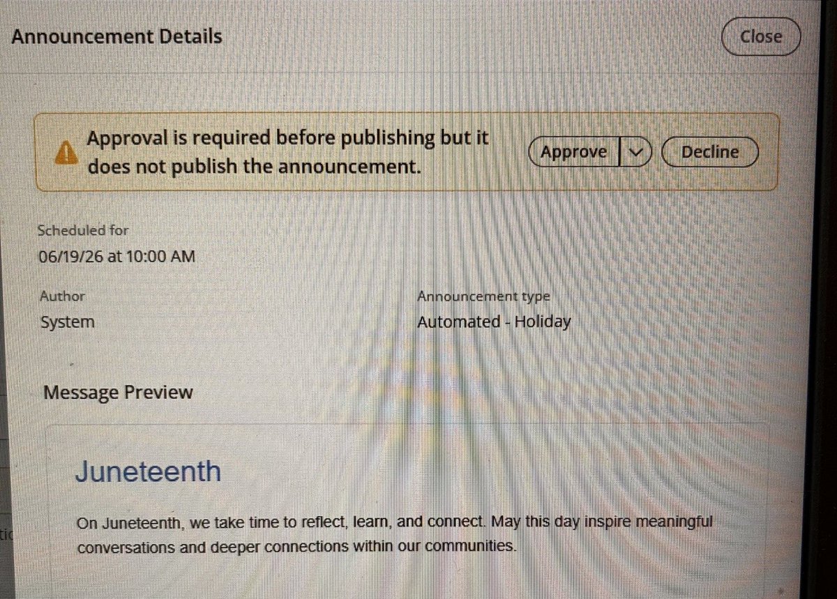 libsoftiktok's tweet photo. INBOX: Paylocity, an HR and payroll software, is reportedly sending automated messages to companies who use their software, asking them to approve a "Juneteenth" celebration email.

A source tells me that when you hit decline, it forces you to list a reason why. I’m told these messages were never sent for other holidays.

Why is @Paylocity pushing Juneteenth on its users?