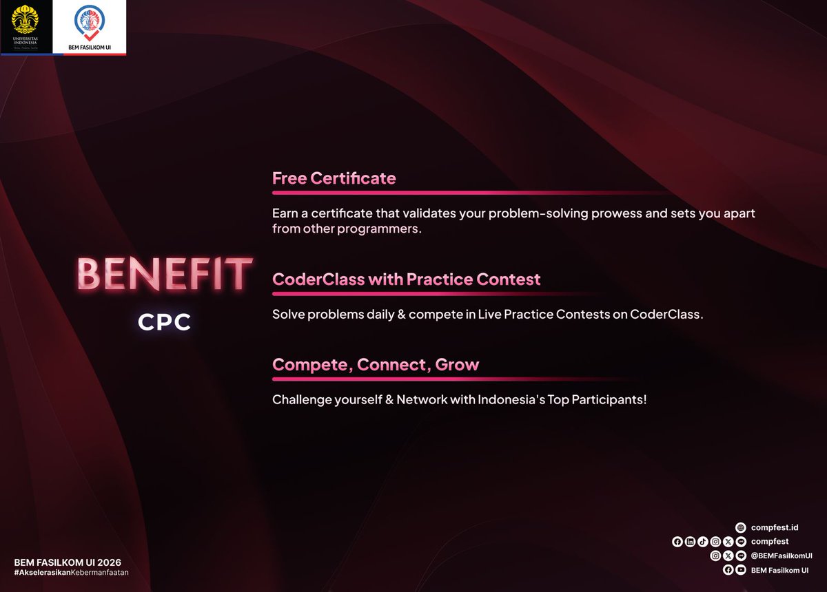 COMPFEST's tweet photo. CPC (Competitive Programming Contest) for Senior & Junior adalah kompetisi yang menjadi wadah untuk menguji kemampuan berpikir komputasional peserta. Soal-soal dalam CPC biasanya mencakup pemecahan masalah, matematika, algoritma, dan struktur data.

CPC terbagi menjadi dua kategori, yaitu Junior Competitive Programming Contest (JCPC) untuk peserta jenjang SD, SMP, SMA, atau sederajat, serta Senior Competitive Programming Contest (SCPC) untuk peserta jenjang Diploma, Sarjana, Magister, atau sederajat.

🖇️Persyaratan Peserta CPC:

SCPC:
Tim terdiri dari 1–3 orang dari institusi yang sama
Seluruh peserta sedang menempuh pendidikan Diploma, Sarjana, Magister, atau sederajat
Peserta harus tetap berstatus sebagai mahasiswa hingga kompetisi berakhir

JCPC:
Kompetisi bersifat individu
Peserta berasal dari jenjang SD, SMP, SMA, atau sederajat
Peserta harus tetap berstatus sebagai siswa hingga kompetisi berakhir

📩Benefit CPC:
Free Certificate
CoderClass with Practice Contest
Compete, Connect, Grow

🎁Hadiah:
SCPC:
Champion: Rp7.000.000,-
1st Runner Up: Rp4.500.000,-
2nd Runner Up: Rp2.500.000,-
Honorable Mention (2): Rp800.000,-

JCPC:
Champion: Rp2.500.000,-
1st Runner Up: Rp1.500.000,-
2nd Runner Up: Rp800.000,-
Honorable Mention (2): Rp350.000,-

Biaya Pendaftaran:
SCPC: Rp100.000,- (Batch 1), Rp125.000,- (Batch 2)
JCPC: Rp50.000,0- (Batch 1), Rp50.000,- (Batch 2)

📌 Gabung Discord: https://t.co/zlNJHNZckg

Prove you’ve got the speed and logic to win!
@COMPFEST
https://t.co/KP6KwxGKnc
#EncloseTheGap
#COMPFEST18