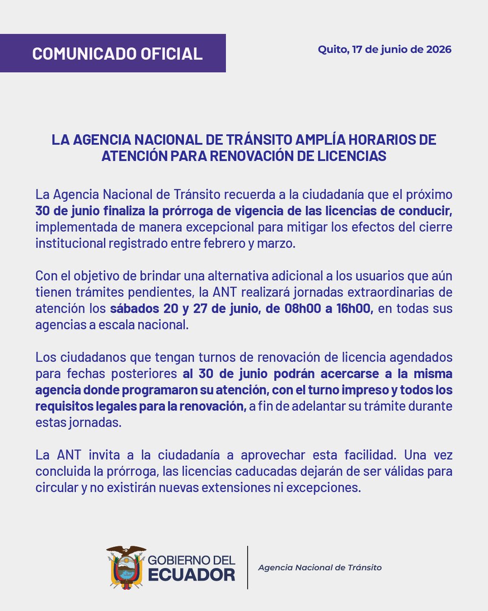 ANT_ECUADOR's tweet photo. #COMUNICADO 📄

Recuerda: la prórroga para circular con licencias caducadas finaliza el 30 de junio.
Para facilitar tu trámite, atenderemos en jornadas extraordinarias los sábados 20 y 27 de junio, de 08h00 a 16h00.

Revisa el comunicado, cumple los requisitos y renueva tu licencia a tiempo.