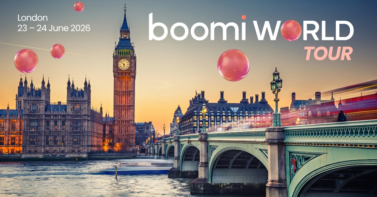 boomi's tweet photo. The Boomi World Tour reaches London in one week. Over two days, you'll see what's next in integration, automation, and AI, and get practical ways to connect your data, automate the busywork, and put AI to work across your business.

📍 Park Plaza Westminster Bridge, London
 📅 23–24 June

Register now: https://t.co/L8vIH7t0CL