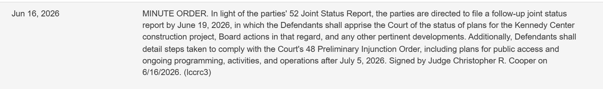 julie_kelly2's tweet photo. DC Judge Chris Cooper -- the subject of a misconduct complaint due to his wife's representation of anti-Trump clients including Joe Biden -- continues to micromanage the Kennedy Center.

He is now demanding another status report related to compliance with his order to remove the president's name (this will produce more clickbait to gratify the TDS crowd who waited into the wee hours of Saturday to watch the letters taken down) and construction/access updates.