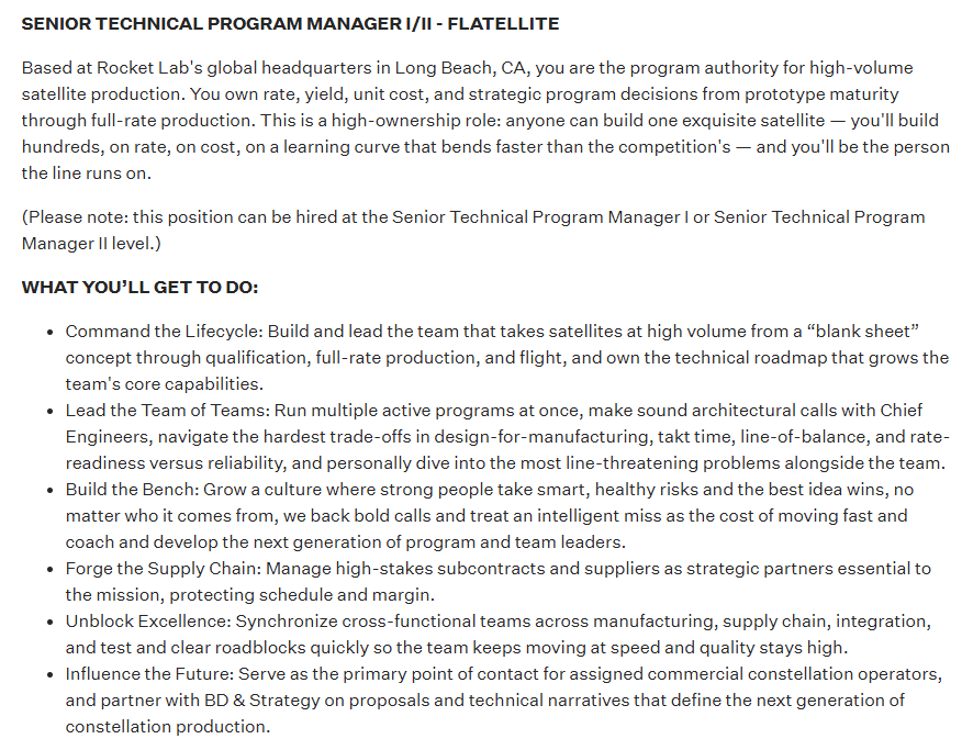 scotto2050's tweet photo. Rocket Lab Flatellite job listing posted, outlining 'hundreds [of satellites], on rate', as well as a mention for being the 'point of contact for assigned commercial constellation operators' 😏

Long $RKLB 🚀