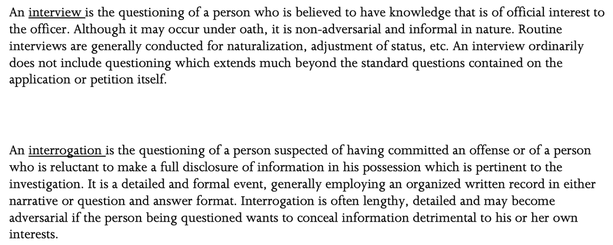BaniasLaw's tweet photo. As #AOS interviews get more common, it's very interesting to see that @USCIS distinguishes between interviews and interrogations. By their own definitions, an interrogation certainly gets VERY close to the line requiring Miranda warnings. #AOSdelay This is from the Adjudicator's Field Manual
