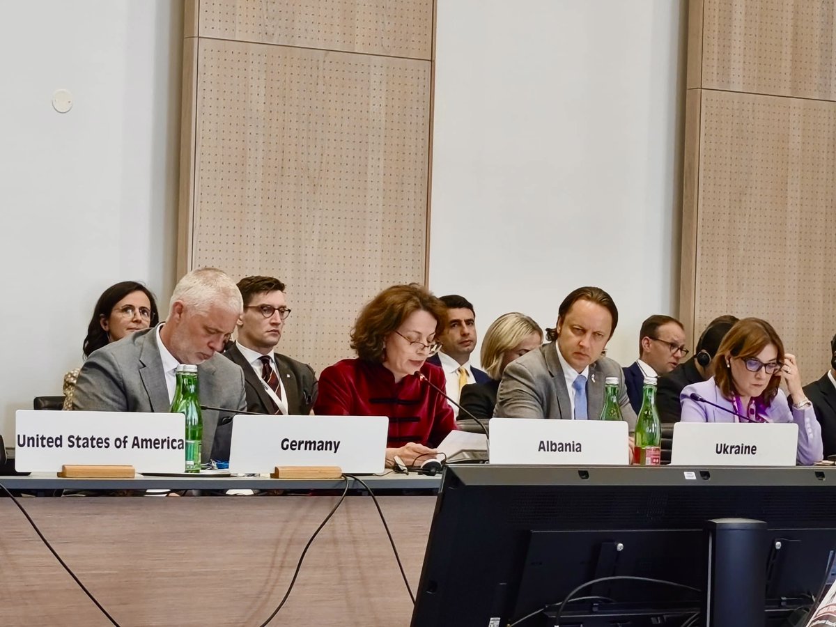 AlMissionVienna's tweet photo. At @OSCE #ASRC2026, Albania 🇦🇱 @AmbassadorAlbIO stood firm with Ukraine 🇺🇦 in the face of Russia’s ongoing war of aggression, which remains the gravest threat to European security and a flagrant violation of international law. 

Albania reiterated its unwavering support for Ukraine’s sovereignty, independence and territorial integrity, and for efforts to ensure justice and accountability for crimes committed in Ukraine.
 
Albania also stressed the need for stronger cooperation in addressing transnational threats, including terrorism, organized crime, violent extremism, cybercrime, and the security implications of climate change. Recalling the Tirana Ministerial Council Declaration of 2020 on strengthening co-operation in countering transnational organized crime, sustained commitment and collective action are required in order to be effective. 
 
Albania underscored the importance of advancing the Women, Peace and Security agenda, supporting the OSCE’s comprehensive approach to security, and promoting lasting peace, stability and prosperity in the Western Balkans as we advance toward our shared European 🇪🇺 future.