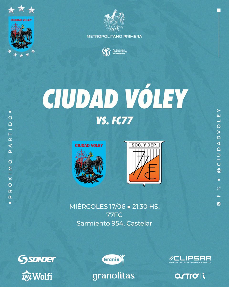 CiudadVoley's tweet photo. #Primera Hoy juega Primera 🦅💙

🆚 77FC
📅 Miércoles 17/06 ■ 21:30hs
📍 Sarmiento 954, Castelar

De visitante. A buscar los tres puntos. ✊🏻

#VamosCiudad 🦅 https://t.co/IbLULBysEM