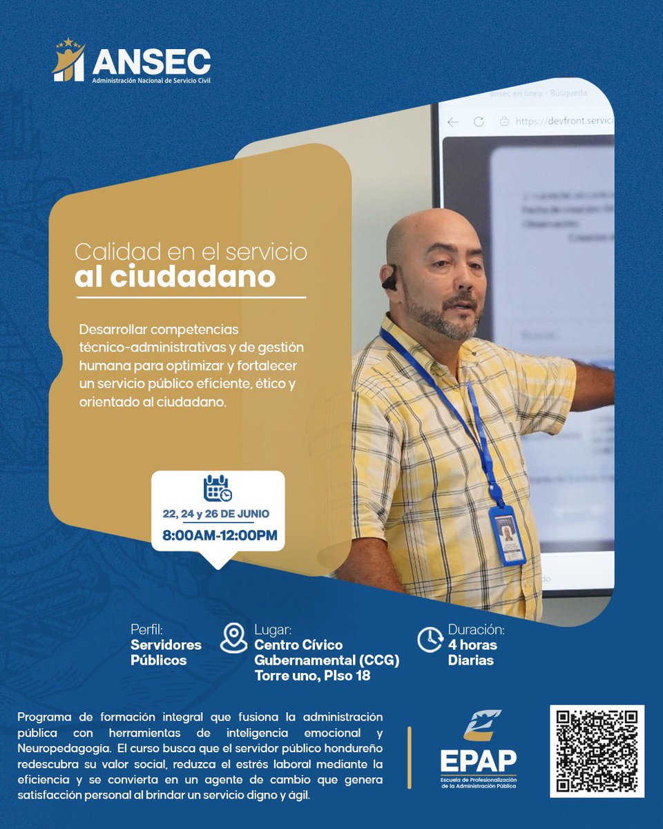 ansechonduras's tweet photo. ⭐ Servir mejor es construir un mejor Estado.

ANSEC (Administración nacional de Servicio Civil) y EPAP (Escuela de profesionalización de la Administración Publica) desarrollan la capacitación “Calidad en el Servicio al Ciudadano”, un espacio de formación que integra herramientas de inteligencia emocional y para fortalecer el desempeño de los servidores públicos hondureños.

#ANSEC #EPAP #CalidadEnElServicio #ServidoresPúblicos #FormaciónContinua