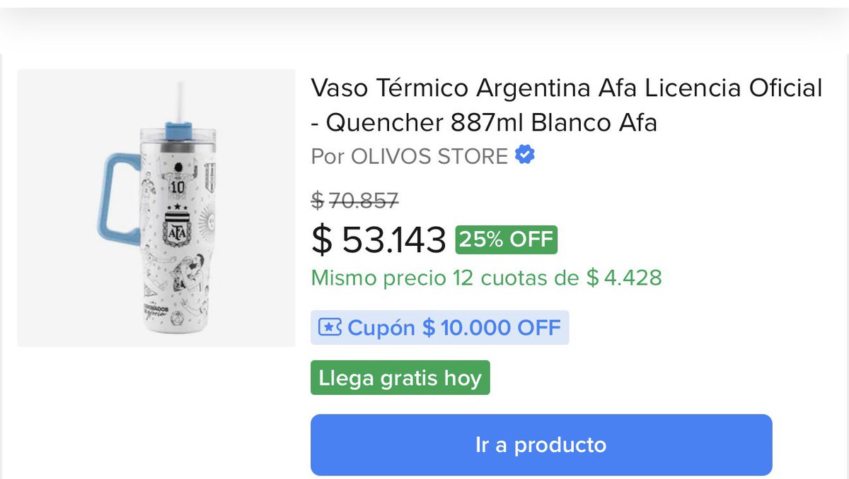 vmenditto's tweet photo. 🇦🇷🥤 ¡VASO TÉRMICO OFICIAL AFA EN OFERTA! 🥤🇦🇷

⭐ Vaso Térmico AFA Licencia Oficial Quencher 887 ml ⭐

💲 $53.143

💳 12 cuotas de $4.428
🚚 ¡Llega gratis hoy!

✅ Licencia Oficial AFA
✅ Capacidad de 887 ml
✅ Mantiene tus bebidas frías o calientes por horas
✅ Con manija ergonómica y sorbete
✅ Ideal para el trabajo, viajes, gimnasio o llevar al auto

💙🤍 Perfecto para los fanáticos de la Selección Argentina. Un vaso práctico, elegante y con toda la pasión albiceleste.

Link 🔗 
https://t.co/Jfex3bOb86