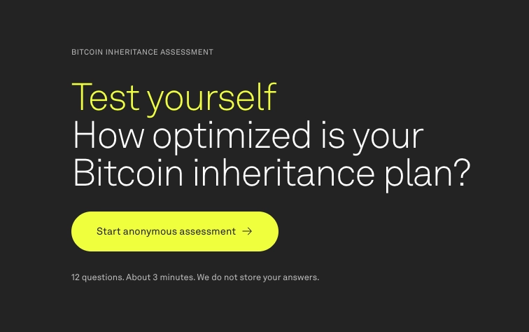 meanwhile's tweet photo. 15% of all Bitcoin is lost due to poor inheritance planning.

If you were gone tomorrow, could your family access your Bitcoin easily?

Put your inheritance plan to the test and anonymously score it in 3 minutes ⬇️ https://t.co/AWOyLwtpb5