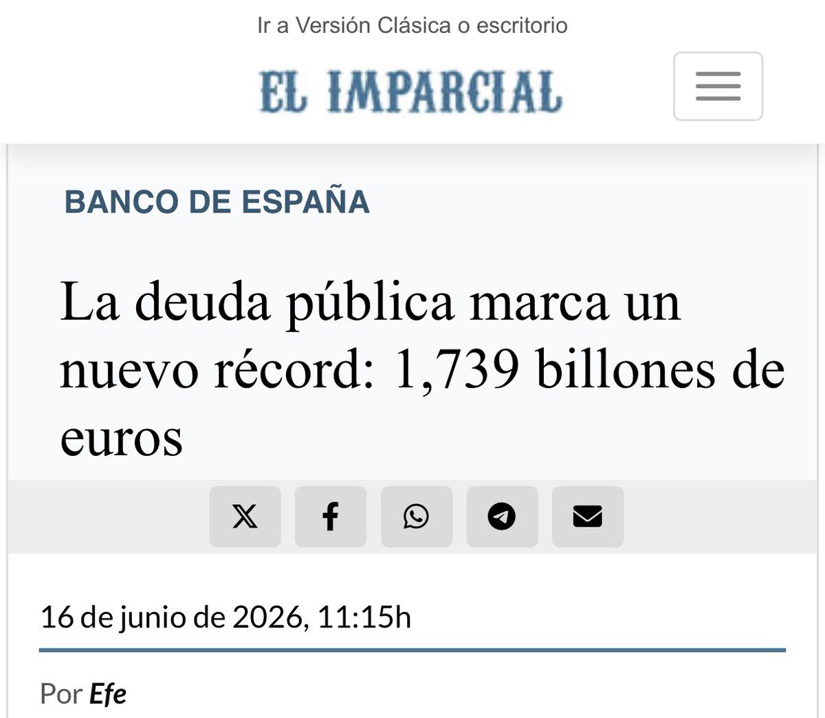 JaviRodrigo11's tweet photo. ¿De qué crecimiento exactamente estás hablando? 

Acabáis de superar 1, 739 billones de euros de deuda pública.

Nuevo récord 

No tienes vergüenza https://t.co/cICyclnBoN
